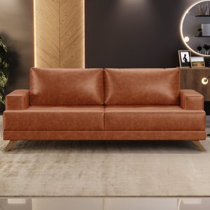 Sofá 3 Lugares 180cm Living Pés Curvos Santi D05 Sintético Camel - Mpozenato
