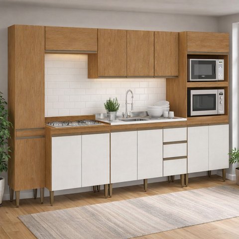 Armário de Cozinha Completa Modulada 6 Peças 3,20m Essenza Móvel na Caixa