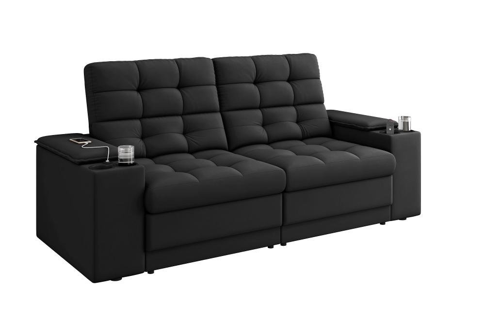 Sofá Confort Premium 1,70m Assento Retrátil/reclinável Porta Copos e Usb Suede Preto - Xflex - 4