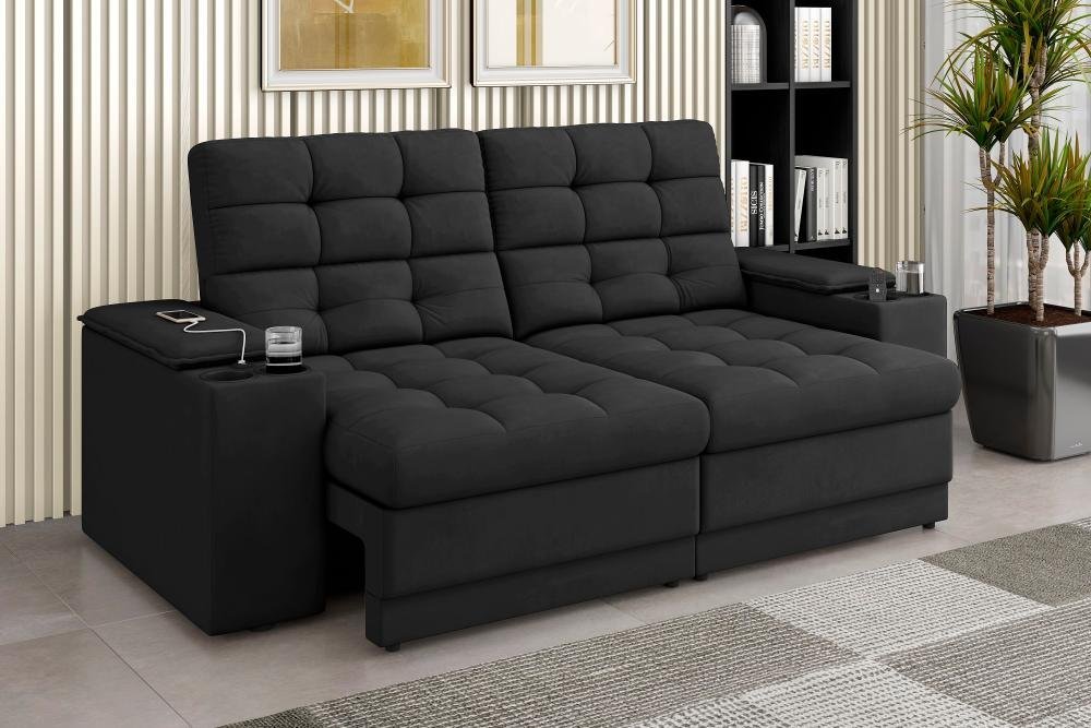 Sofá Confort Premium 1,70m Assento Retrátil/reclinável Porta Copos e Usb Suede Preto - Xflex