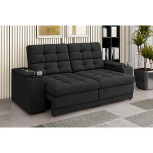 Sofá Confort Premium 1,70m Assento Retrátil/reclinável Porta Copos e Usb Suede Preto - Xflex