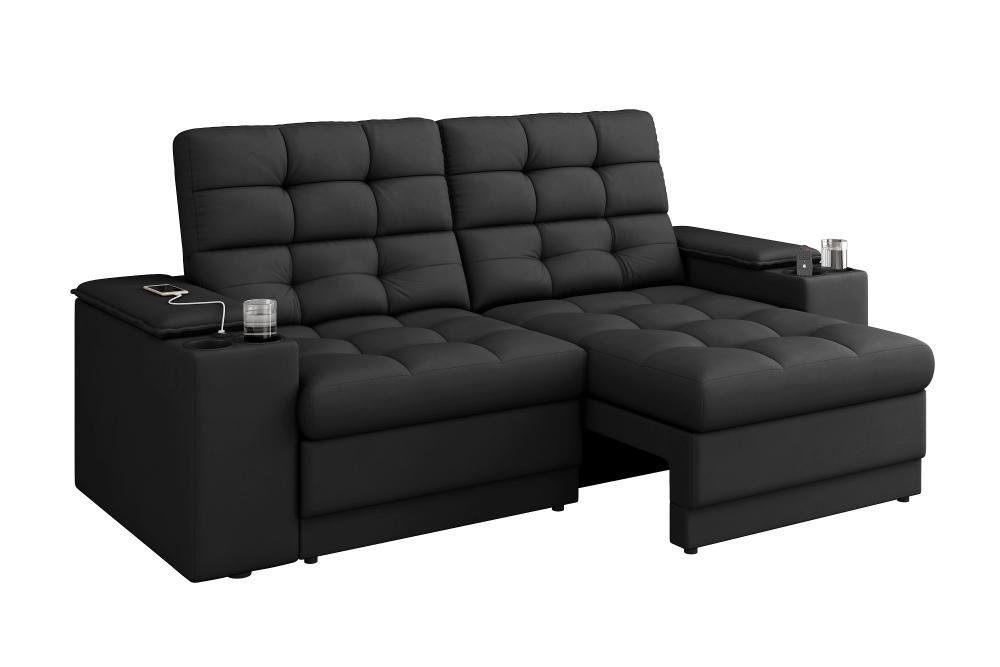 Sofá Confort Premium 1,70m Assento Retrátil/reclinável Porta Copos e Usb Suede Preto - Xflex - 3