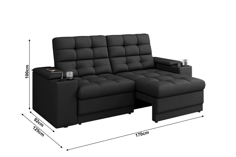 Sofá Confort Premium 1,70m Assento Retrátil/reclinável Porta Copos e Usb Suede Preto - Xflex - 2