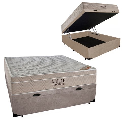 Cama Box Baú Casal + Colchão De Molas Ensacadas Airtech 73X138X188:Bege
