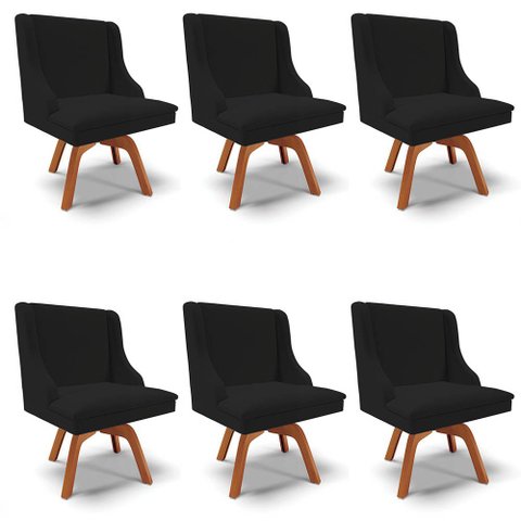 Kit 6 Cadeiras Estofadas para Sala de Jantar Base Giratória de Madeira Lia Linho Preto - Ibiza