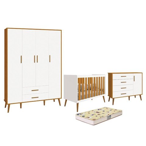 Dormitório Infantil Isis Guarda Roupa 4 Portas, Cômoda 1 Porta e Berço Branco/Savana com Colchão D18
