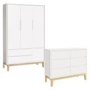 Ver imagem 1 de Cômoda 6 Gavetas e Guarda Roupa 3 Portas New Classic Branco com Pés Madeira Natural – Reller