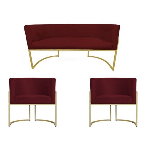 Kit Namoradeira + 2 Poltronas Decorativa Luana Suede Marsala Base Dourarada Mz Decor
