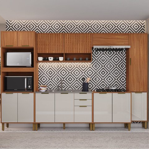 Cozinha Modulada Torre Quente Aéreo 2 Portas Ripado 6 Peças Florença Marrom/Freijó/Off White