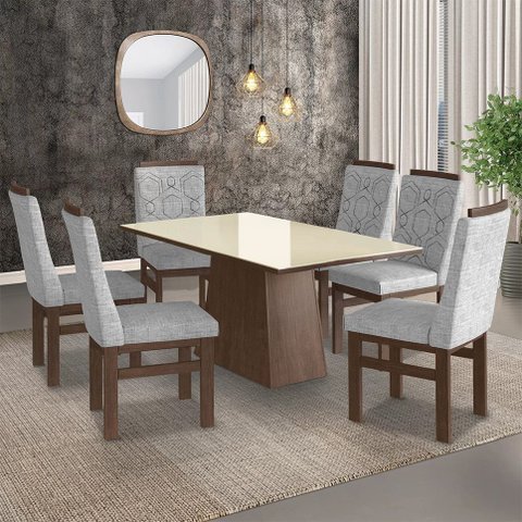 Conjunto Mesa 160x82cm e 6 Cadeiras Madeira Maciça Cinza/Tabaco/Linho