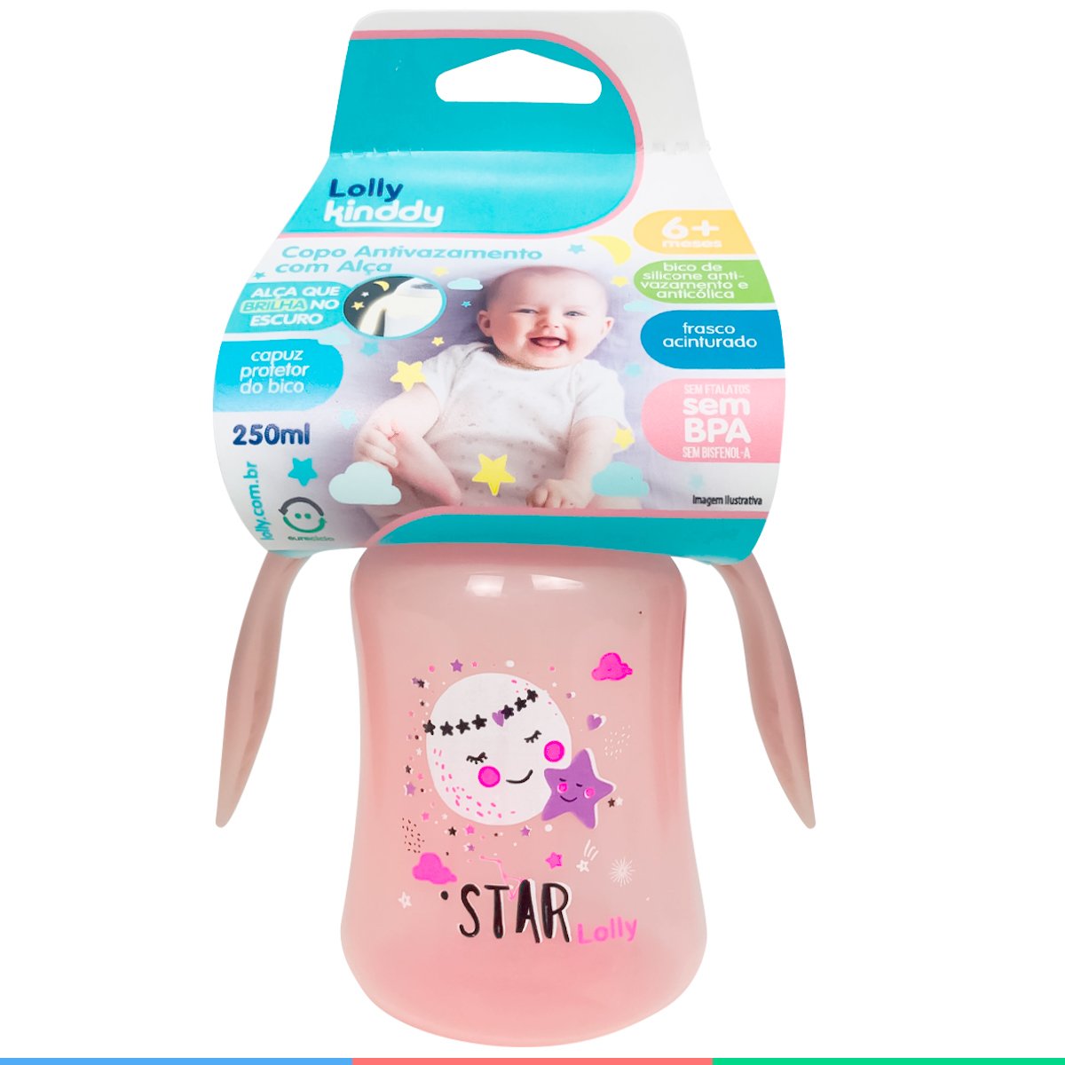 Copo Infantil Antivazamento Com Alça Brilhante Para Bebê 6m+ Bico de Silicone 250ml Rosa Lolly - 5