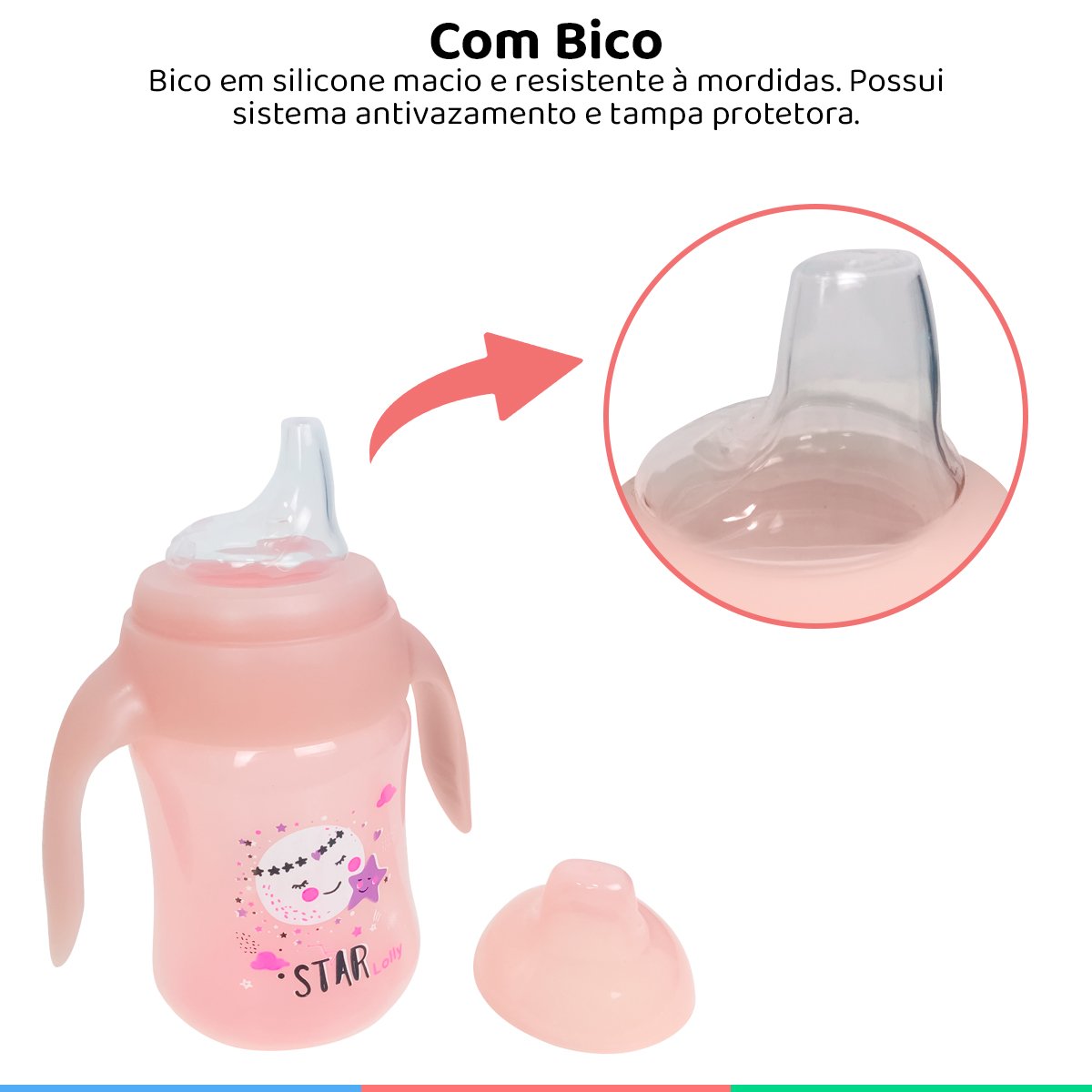 Copo Infantil Antivazamento Com Alça Brilhante Para Bebê 6m+ Bico de Silicone 250ml Rosa Lolly - 3