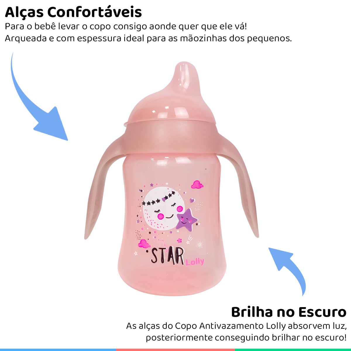 Copo Infantil Antivazamento Com Alça Brilhante Para Bebê 6m+ Bico de Silicone 250ml Rosa Lolly - 2