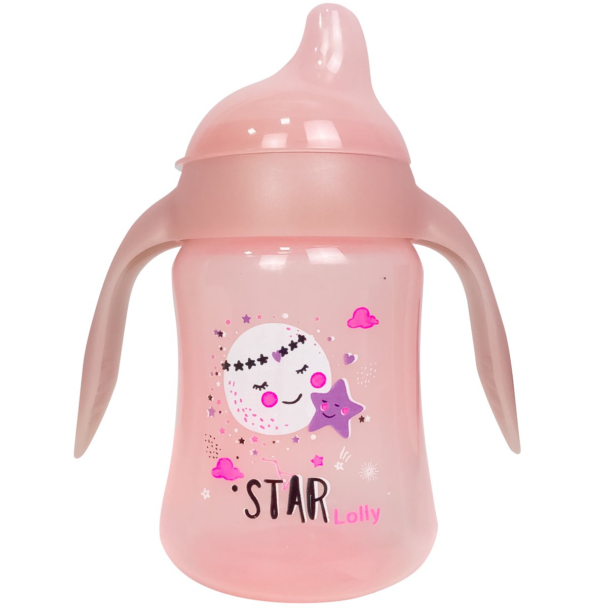 Copo Infantil Antivazamento Com Alça Brilhante Para Bebê 6m+ Bico de Silicone 250ml Rosa Lolly