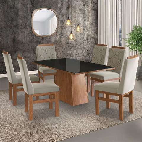 Conjunto Sala de Jantar Cadeiras Madeira Maciça Tecido Joli de Jantar Mesa 90x160cm Tampo Vidro com Bege/Canela/Preto