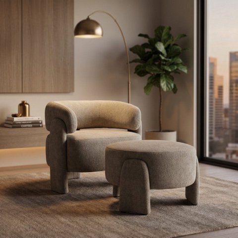 Poltrona com Puff Luna Moderna Orgânica em Linho Aveludado Bege Confortável Anatômica Linha Premium