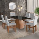 Ver imagem 1 de Conjunto Sala de Jantar Mesa 90x160cm Tampo Vidro com 6 Cadeiras Madeira Maciça Tecido Linho Cinza/Canela/Preto