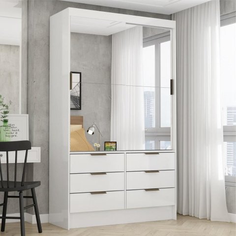 Guarda-Roupa Solteiro com Espelhos 2 Portas de Correr e 6 Gavetas 108cm Multimóveis CR35567 Branco