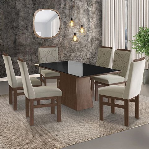 Conjunto Sala de Jantar Mesa 90x160cm Tampo Vidro com 6 Cadeiras Madeira Maciça Tecido Joli Marrom/Tabaco/Preto