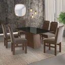 Ver imagem 1 de Conjunto Sala de Jantar Mesa 90x160cm Tampo Vidro com 6 Cadeiras Madeira Maciça Tecido Joli Marrom/Tabaco/Preto