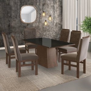 Conjunto Sala De Jantar Mesa 90X160Cm Tampo Vidro Com 6 Cadeiras Madeira Maciça Tecido Joli 