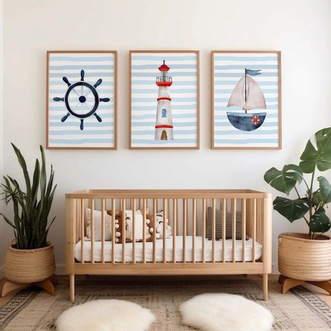 Kit 3 Quadros Decorativos Infantil | Fundo do Mar, Animais - Mini Sub NO2 - 30x40 - Moldura Madeira