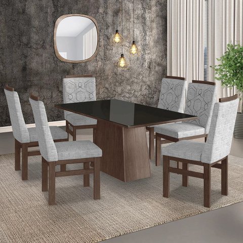 Conjunto Sala de Jantar Mesa 90x160cm Tampo Vidro com 6 Cadeiras Madeira Maciça Tecido Linho Marrom/Tabaco/Preto