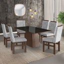 Ver imagem 1 de Conjunto Sala de Jantar Mesa 90x160cm Tampo Vidro com 6 Cadeiras Madeira Maciça Tecido Linho Marrom/Tabaco/Preto