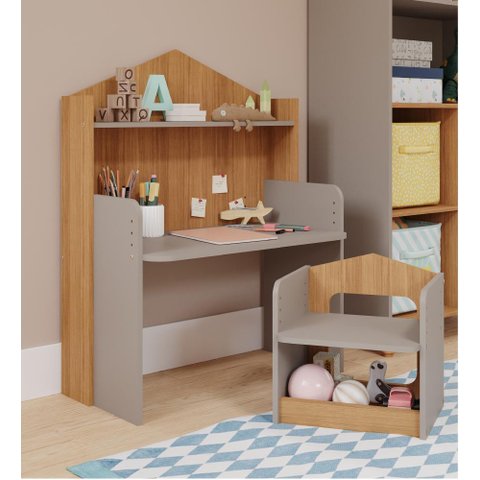 MESA INFANTIL CASINHA C/ BANCO E REGULAGEM DE ALTURA 100% MDF FENDI/NATURE