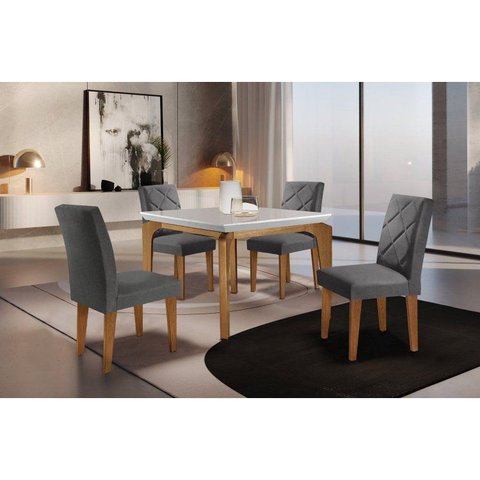 Conjunto Mesa 120cm Canto Reto Dublin e 4 Cadeiras Irlanda Marrom/Linho Grafite/Off White/Imbuia