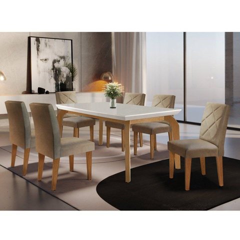 Mesa 180cm Canto Reto Dublin e 6 Cadeiras Irlanda Marrom/Turim 07/Off White/Imbuia