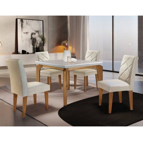 Conjunto Mesa 120cm Canto Reto Dublin e 4 Cadeiras Irlanda Marrom/Veludo Creme/Off White/Imbuia
