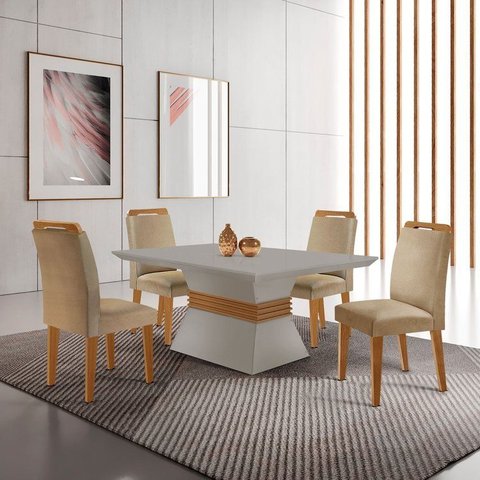 Mesa 120cm Canto Reto Clarice e 4 Cadeiras Athenas Yescasa Bege/Turim/Off White/Imbuia