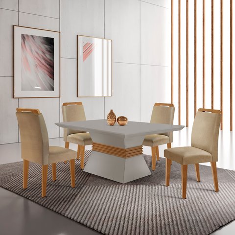 Mesa 120cm Canto Reto Clarice e 4 Cadeiras Athenas Yescasa Bege/Turim/Off White/Imbuia