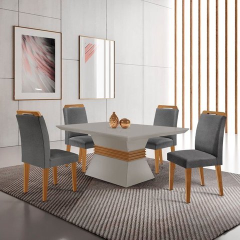 Conj Mesa 120cm Canto Reto Clarice e 4 Cadeiras Athenas Yescasa Bege/Linho Grafite/Off White/Imbuia