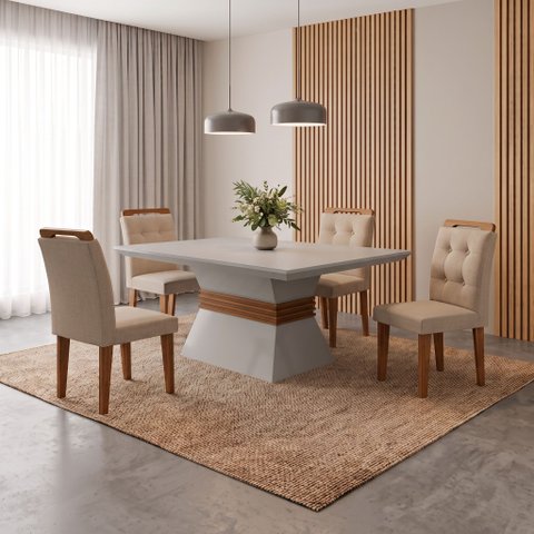 Mesa 120cm Clarice e 4 Cadeiras Valentina Bege/Linho Grafite/Off White/Imbuia Yescasa