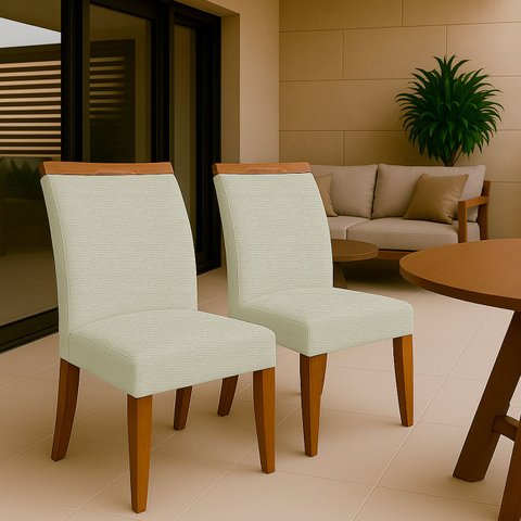 Kit 2 Cadeira de Jantar Emily Estofada Linho Bege Pé de Madeira Castanho - Arkell