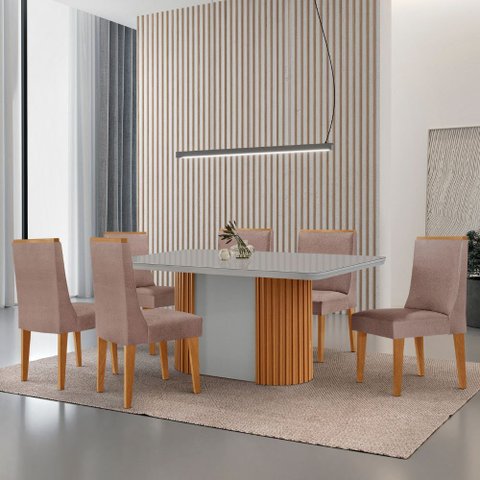 Mesa de Jantar Aspen 180cm Tampo Mdf Vidro com 6 Cadeiras Lisboa Moderna Mobília