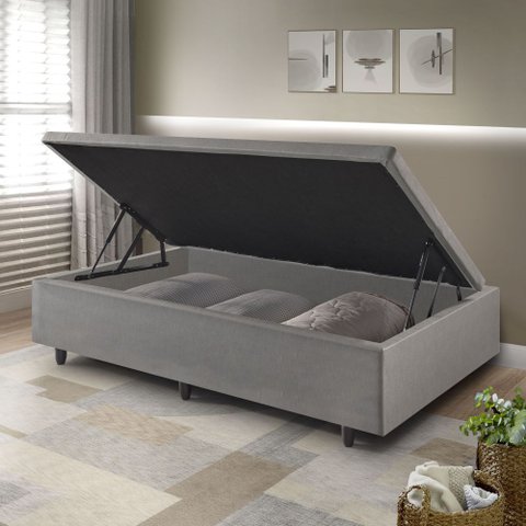Cama Box Baú Solteiro 88x188x42cm Courino Linho com Pistão a Gás