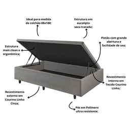 Cama Box Baú Solteiro 88x188x42cm Courino Linho com Pistão a Gás - 4