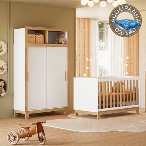 Quarto de Bebê com Berço Slim 4315 e Roupeiro 5085 Flora Branco Freijó Qmovi + Colchão Ortobom