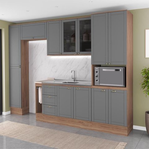 Cozinha Completa com Balcão Milla One Prime 12 Portas 3 Gavetas MDF MDP 310cm Nogal com Cinza