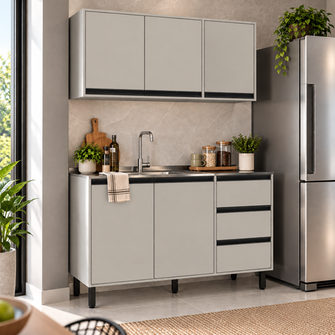 Kit Armário de Cozinha 2 Peças Balcão Pia 120 cm 2 Portas 3 Gavetas e Aéreo 3 Portas Tóquio