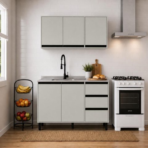 Kit Armário de Cozinha 2 Peças Balcão Pia 120 cm 2 Portas 3 Gavetas e Aéreo 3 Portas Tóquio