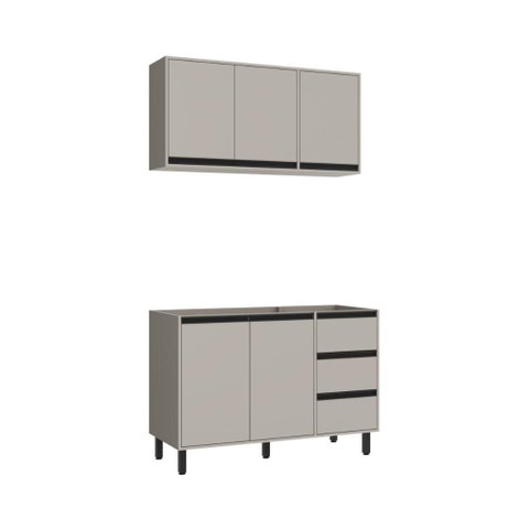 Kit Armário de Cozinha 2 Peças Balcão Pia 120 cm 2 Portas 3 Gavetas e Aéreo 3 Portas Tóquio