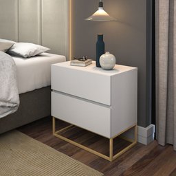 Mesa de Cabeceira para Quarto 2 Gavetas Branco Acabamento Fosco com Pé Metal Dourado Luxo Cama Casal - 1