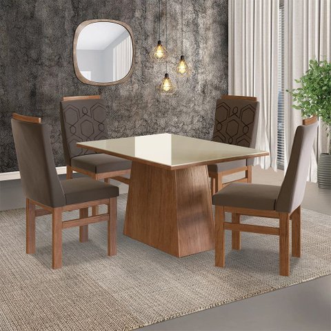 Conjunto Sala de Jantar Mesa 90x120cm Tampo Vidro com 4 Cadeiras Madeira Maciça Tecido Joli Marrom/Canela/Off White