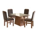 Ver imagem 2 de Conjunto Sala de Jantar Mesa 90x120cm Tampo Vidro com 4 Cadeiras Madeira Maciça Tecido Joli Marrom/Canela/Off White
