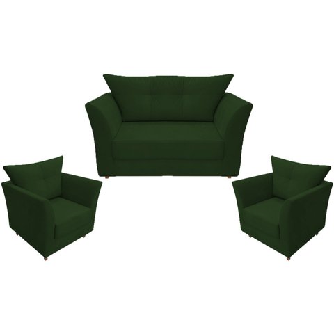 Kit Namoradeira + 2 Poltronas Decorativa Isis Suede Verde Pés Madeira Mz Decor