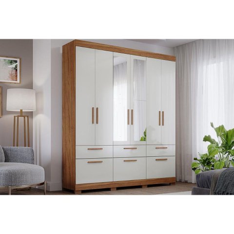 Guarda Roupa Casal 6 Portas e 5 Gavetas C/ Espelho Porto Cinamomo/off White - Panan